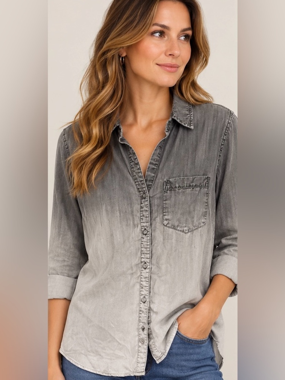 Cloth & Stone Gray Ombré Tencel Lyocell Button Down Shirt Small